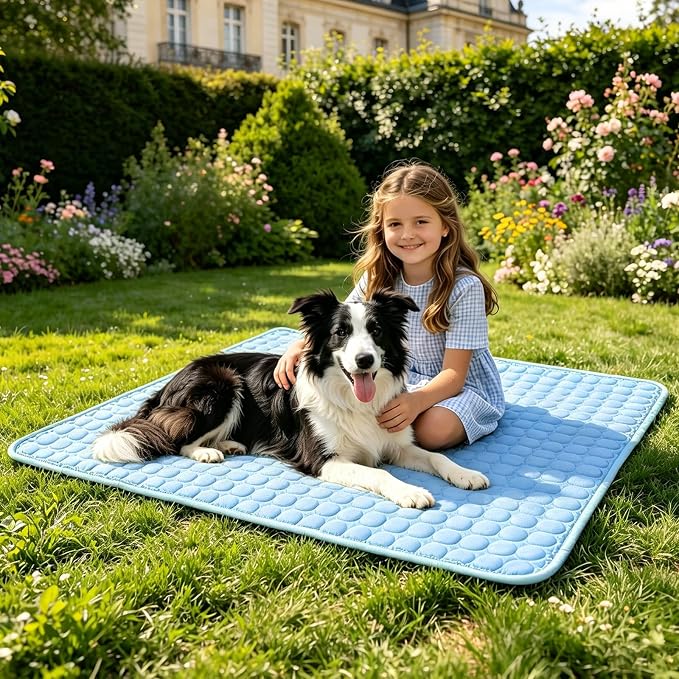 SOMOYA Dog Cooling Mat (Q-Max>0.4) Pet Cooling Pads Blanket Sleeping Kennel Mat,Ice Silk Cool Mat Pad Breathable Dog Bed Mats Beach for Large Dogs Cats (Blue, 39x59 in)