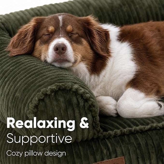 FUKUMARU Cute Dog Bed, Thickened Orthopedic Dogs Couch, 36in Egg Crate Foam Pet Sofa for Medium to Large Dogs, Waterproof Warm Corduroy Pet Bed with Washable Cover, Green