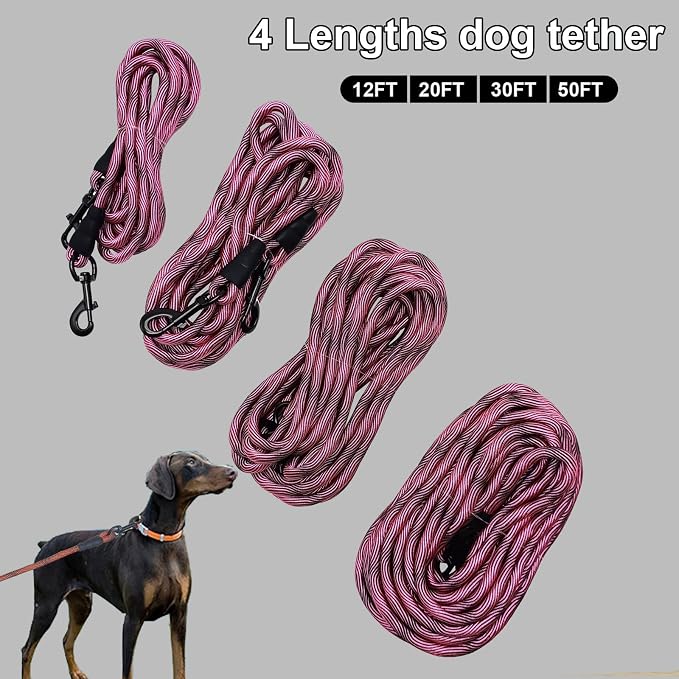 BTINESFUL 8ft 12ft 20ft 30ft 50ft 75ft Dog Tie Out Long Tether Rope Leash, Outdoor Yard Leash, Large Medium Dogs Training, Playing, Camping, Backyard Dog Lead (30 Foot, Pink Black)