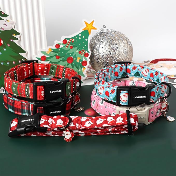 DOGWONG Christmas Plaid Dog Collar- Cute Red Christmas Checked Dog Collars for Small Medium Large Dogs XL