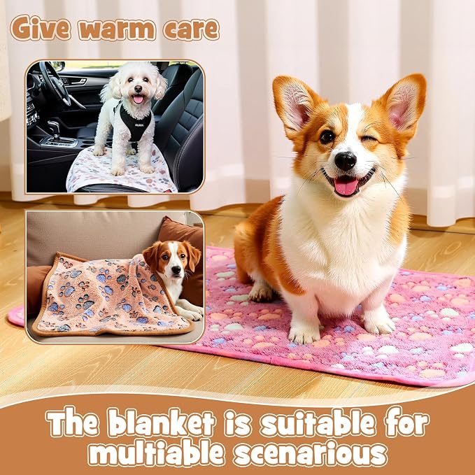 Tegeme 12 Pcs Pet Blankets 30 x 20 Inch Soft Fluffy Fleece Dog Cat Warm Paw Print Pattern Blankets Flannel Throw for Pets Dog Puppy Cat(Pink,Beige,Camel)
