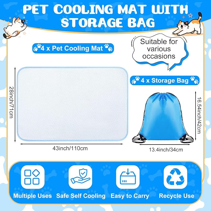 Chunful 4 Pack Pet Cooling Mat, 43 x 28 Inches Dog Cooling Pad for Summer, Ice Silk Self-Cooling Mat, Portable Washable Non-Slip Dog and Cat Pad for Indoor, Outdoor, Car Seats, Trips, up to 60 Lbs