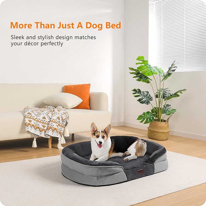 Dwanton Orthopedic Dog Bed for Medium Dogs with Gel Memory Foam, Waterproof Dog Sofa, Washable Pet Bed with Four Sided Bolster Cushion, Removable Cover & Non-Slip Bottom, 36", Dark Grey