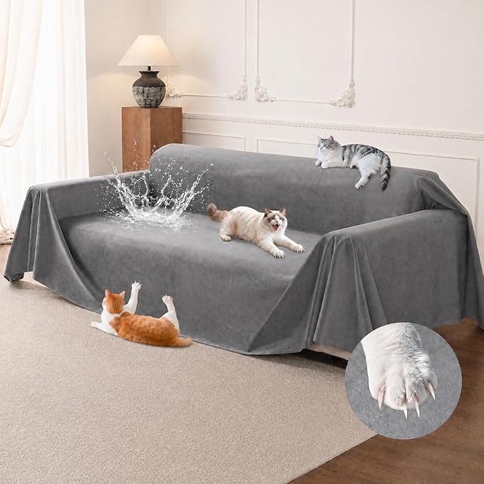 LOllON Velvet Couch Cover for Cats Dogs Kids - 100% Waterproof Cat Scratch Resistant Sofa Cover, Non-Slip Washable Furniture Protector,Ultra Soft Pet-Friendly Slipcover for 3-Seat Sofa 134"X71" Grey