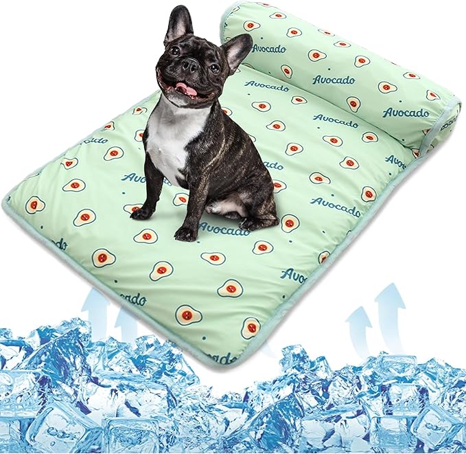 PUMYPOREITY Cooling Dog Bed, Pet Cooling Mat with Pillow, Ice Silk Cooling Dog Blanket, Self Cooling Pad for Cat,Dog, Washable Summer Pet Mat for Kennel, Crates, Sofa, Floor, Green, L