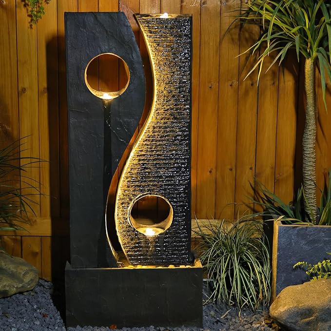 Tankana 47 inches Water Fountain Outdoor Garden - Waterfall Indoor Modern Large Freestanding Water Feature Fountains Faux Rust Finish with LED Lights for Patio Yard Pool Home Decor
