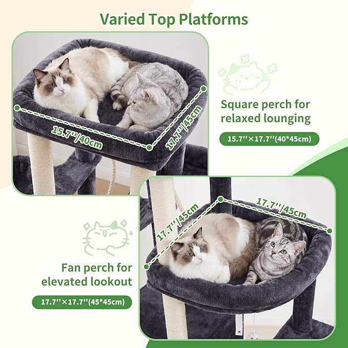 Heybly Cat Tree, 59.4" Secure Anti-Tip Cat Tower for Large Cats, Spacious Cat Furniture with Dual-Tier Cat Condo, 2 Top Perches, Hammock and Sisal Scratching Posts, Smoky Gray HCT055G
