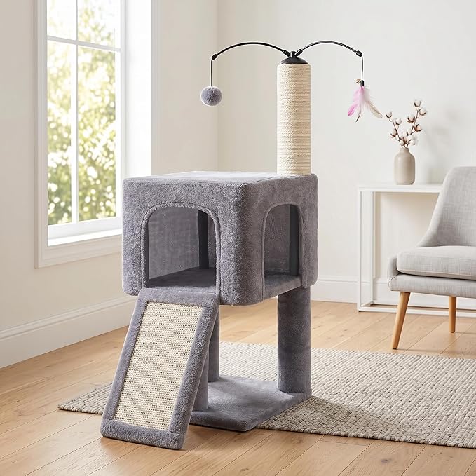 Roypet 32" Cat Tree for Indoor Cats, 2-in-1 Cat House with Sisal Scratching Post & Ramp, 2-Level Cat Tower with Rotatable Feather & Ball Toys, Stable Grey Cat Condo for Small/Medium Cats, Grey