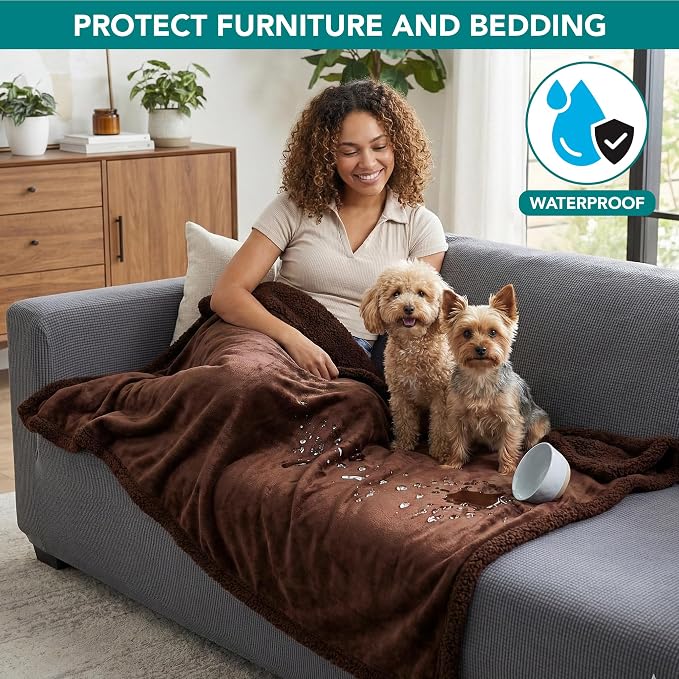 PetAmi Waterproof Dog Blanket for Couch, Pee Proof Fleece Reversible Pet Throw, Furniture Protector for Bed Sofa Kennel, Soft Washable Cover for Small Medium Dog Puppy Cat, 29x40 Brown Sherpa
