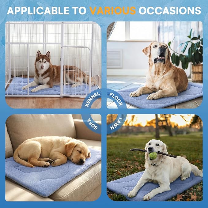 Queenmore Cooling Dog Mat for Dogs, Washable Dog Cooling Mat Indoor Outdoor, Non-Slip Portable Kennel Puppy Bed for Summer, Keep Your Pet Cool (Blue Wave, Large(35" x 27"))