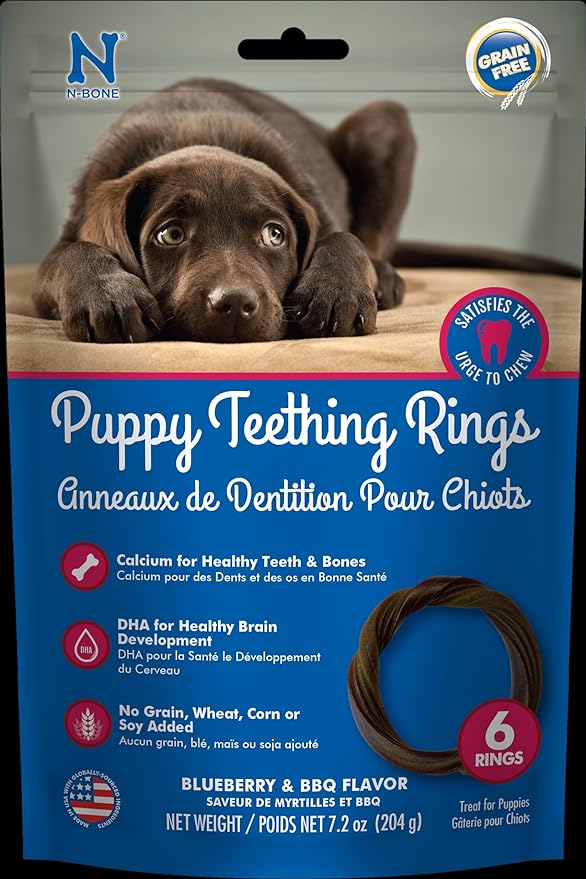 N-Bone Puppy Teething Rings Grain-Free Blueberry & BBQ Flavor Dog Treat, 6 Count Bag, 7.2-oz