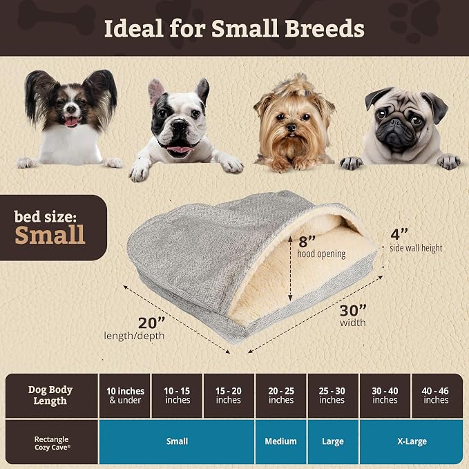 Snoozer Rectangle Cozy Cave Dog Bed - Indoor Dog Bed with Cover Cave, Covered Calming Burrow for Small Sized Pets with Blanket Attached, Enclosed, Washable Cover - Small, Palmer Dove