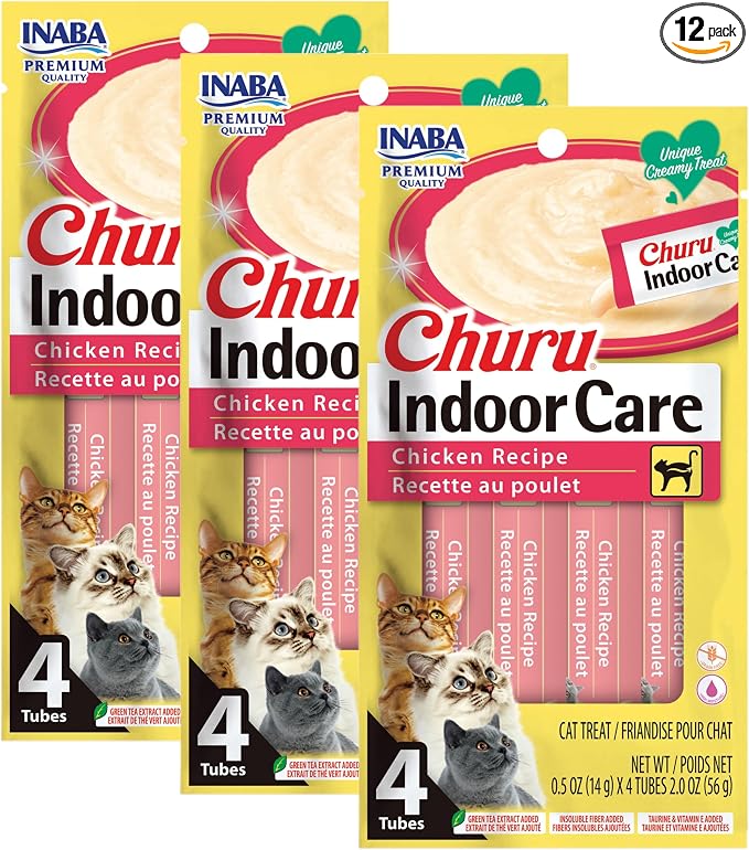INABA Churu for Cats, Functional, Creamy Lickable Purée Cat Treat for Indoor Care and Hairball Control with Taurine & Vitamin E, 0.5 Ounces Each, 12 Tubes (4 per Pack), Chicken Recipe