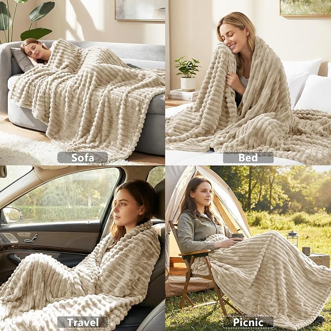 HIMEET Fleece Linen Throw Blanket for Bed - 300GSM Ribbed Soft Cozy Blanket for Couch, Graduation Birthday Gifts for Women Men Her, College Dorm Essentials Minimalist Room Throws, 50x60 Inches
