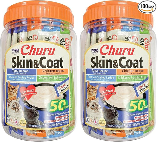INABA Churu Lickable Purée Natural Cat Treats for Skin and Coat with Omega Oils,Taurine and Vitamin E,0.5 Ounces Each Tube, Tubes,Skin & Coat Variety,(Pack of 100)