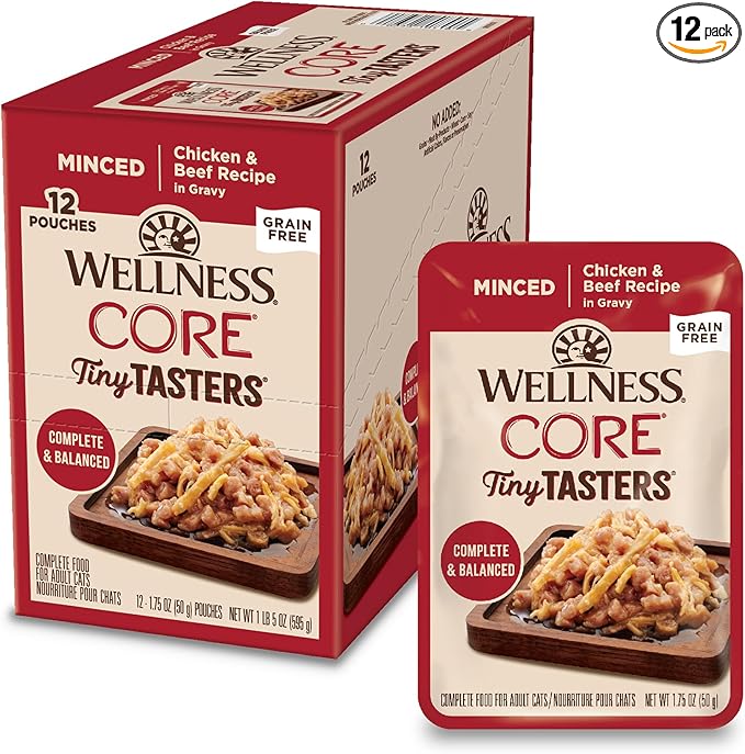 Wellness CORE Tiny Tasters Minced Adult Wet Cat Food, Natural, Protein Rich, Grain Free, Chicken and Beef Recipe, 1.75 oz, Pack of 12 Pouches