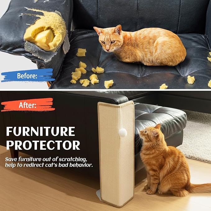 PETKARAY Under-Furniture Cat Scratcher, 23.6'' Sisal Scratching Post for Couch Corner, Furniture Protector Scratch Pad for Sofa with Toy Ball