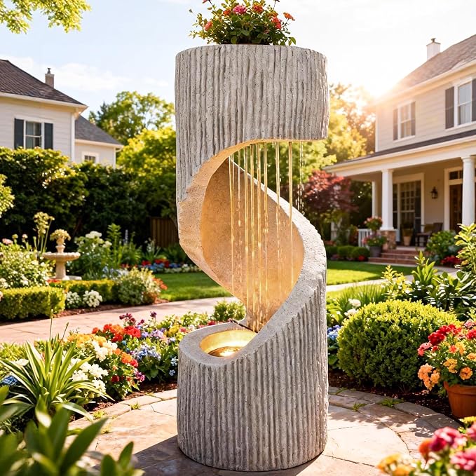 40" Outdoor Water Fountain with LED Light, S-Shaped Modern Curved Outdoor Fountain, Spiral Column Fountain, Decorative Waterfall Feature with Flat Top Plant Display for Garden, Patio Decor