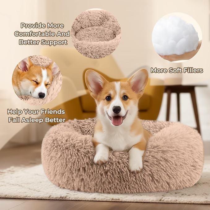 Calming Donut Dog and Cat Bed for Indoor Cats, Anti-Anxiety Round Fluffy Soft Washable Small Medium Pet Bed for Puppy & Kitten, Warming Comfortable Luxury Anti-Slip Waterproof Mute Base 24in (Camel)