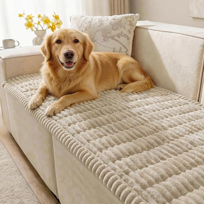 SureFit Couch Covers for Dogs,Washable Couch Protector for 3-Cushion Sofa,Non-Slip Paw Print Grip, Soft Skin-Friendly Furniture Cover for Pets,Thick and Cozy Slipcover for Sofa Cushions(28"x83" Khaki)