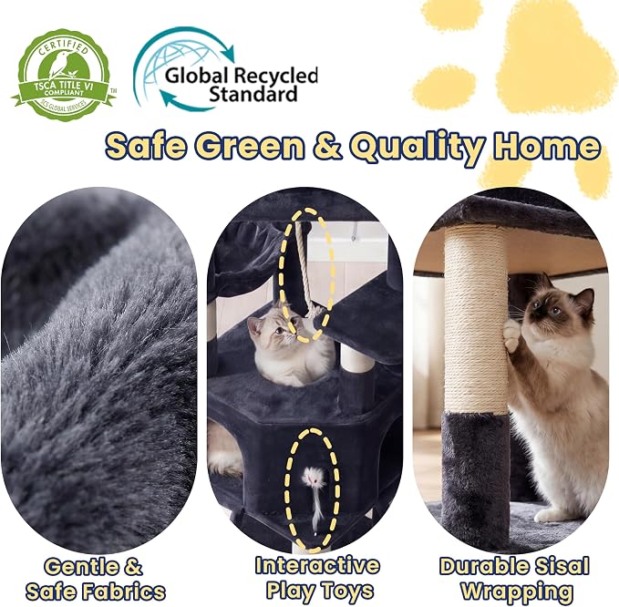 Cat Tree, 81.1-Inch Tall Heavy Duty Cat Tower with Diamond-Shaped Condo for Large Cats, Cat Furniture with 3 Wide Platforms, 2 Sisal Scratchers, Hammock & Stable Base, Smoky Gray VCT032G