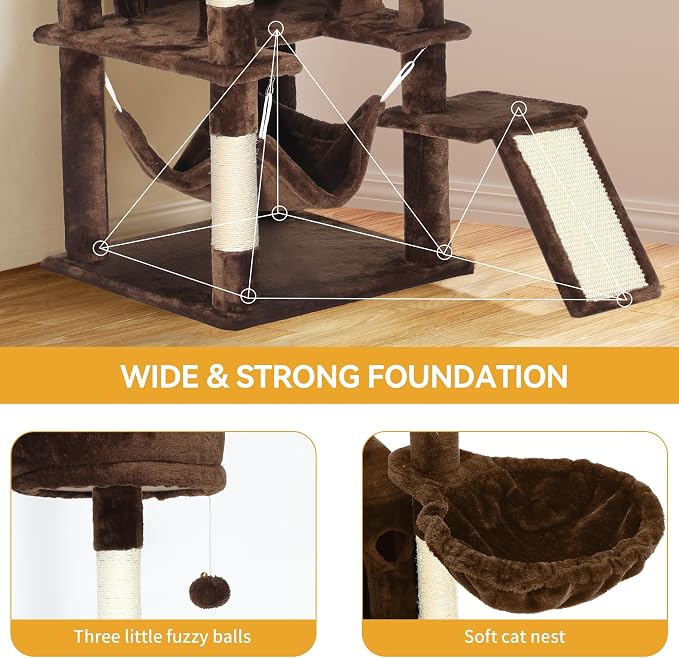 YITAHOME 75-Inch Tall Cat Tree Indoor: Multi-Level Kitten Tower with Kitty Condos, Top Perches, Sisal Ramp, Scratching Posts & Cozy Basket Hammocks Pet Play House Brown