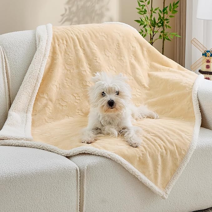 Qeils Pet Blankets for Cats - Waterproof Cat Blanket Washable - Sherpa Fleece Puppy Blanket, Soft Plush Reversible Throw Protector for Bed Couch Car Sofa, 25"X30", Khaki