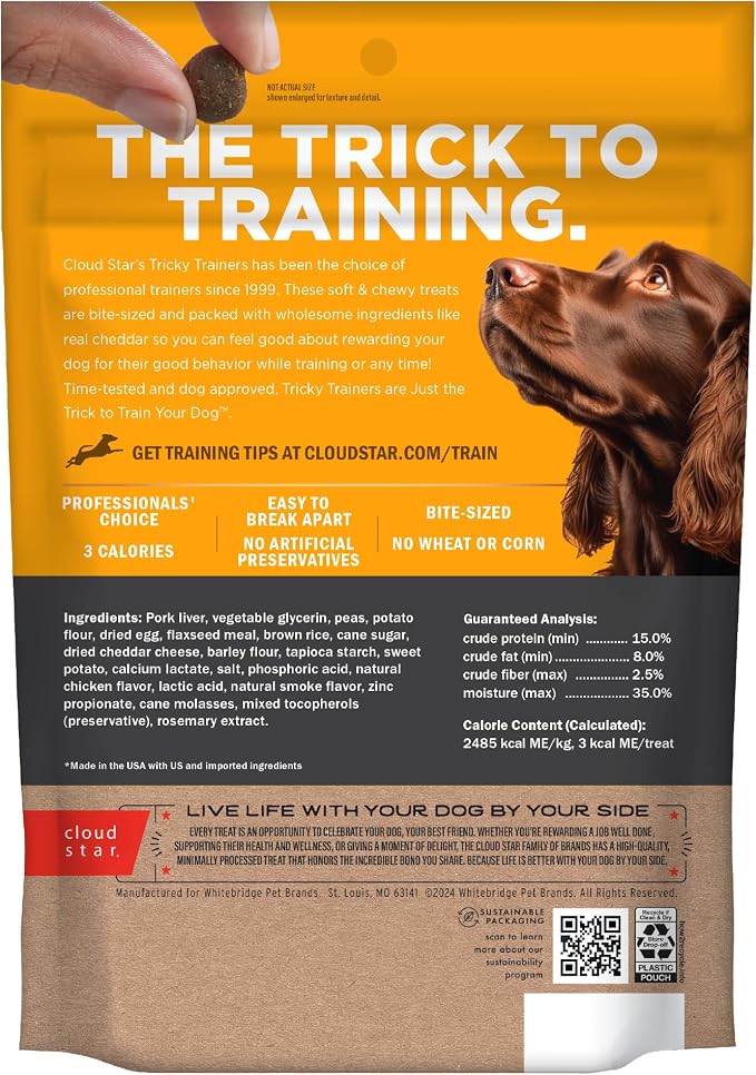 Cloud Star Tricky Trainers Soft & Chewy Dog Training Treats 14 oz. Bag, Cheddar Flavor, Low Calorie Behavior Aid with 360 treats