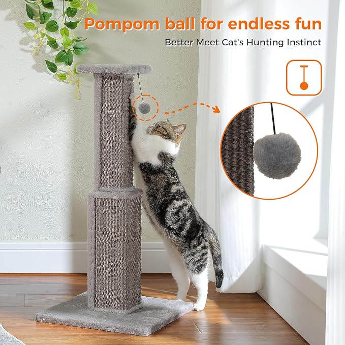 PAWZ Road Large Cat Scratching Post 32” Tall Scratching Post for Indoor Cats Adults Ultimate Scratch Post with Woven Sisal, Large Base and Removable Dangling Ball- Grey