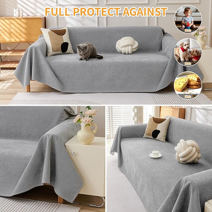 Deep Dream Cat-Scratch Resistant Couch Cover, Waterproof Sofa Cover for 3 Cushion Couch Washable,Pet Friendly Couch Protectors Anti Slip Thickened Sofa Slipcovers for Dogs Pets, 71" x 134",Light Grey