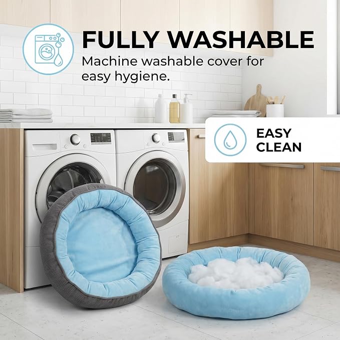 Calming Dog Bed for Small Dogs 18"x20" - Washable Donut Pet Bed with Anti-Slip Bottom, Soft Puppy Bed for Indoor Kittens and Cats with Removable Cover (Sky Blue)