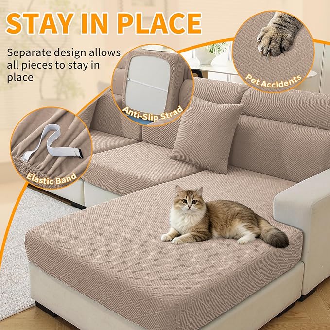 XINEAGE Couch Cushion Covers,Loveseat Seat Slipcovers for Pets,Non Slip Sofa Seat Cover Washable,Sofa Slipcovers with Elastic Bottom(1 Piece Loveseat Cushion Cover,Khaki)