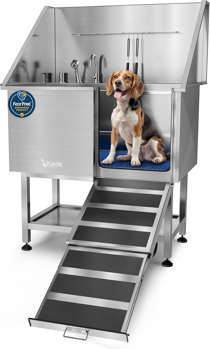 KANIS Professional Dog Washing Station 304 Stainless Steel Pet Wash Sink & Grooming Bathtub w/Shower, Floor Grates and Storage for Large, Medium & Small Pets (Silver, 40 Inches, Right Ramp, Shelf)