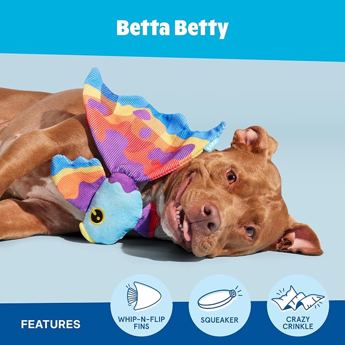 Barkbox Betta Betty Dog Toy | Plush Betta Fish with Whip-N-Flip Fins, Squeaker & Crinkle | Thrash & Squeak Toy for Extra Small to Medium Dogs