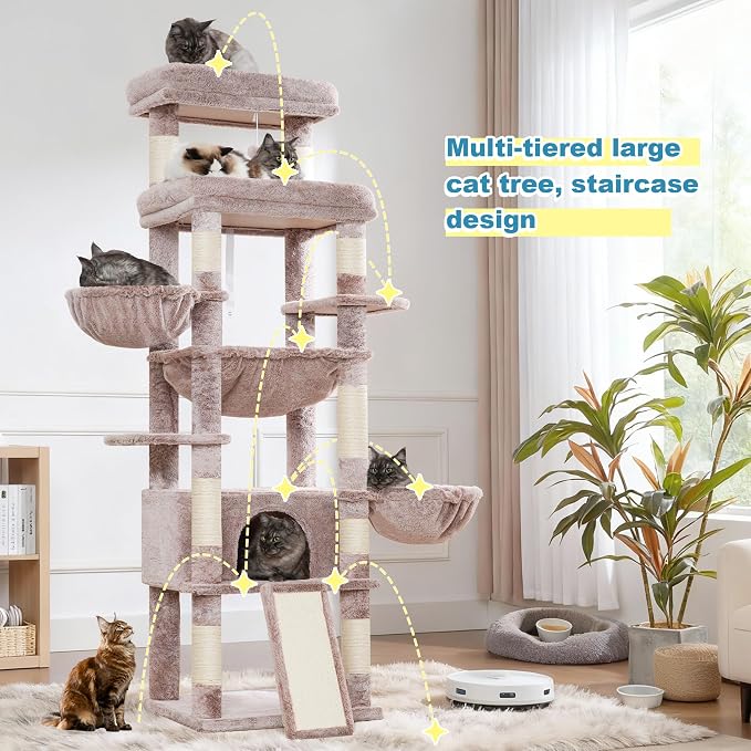 Hey-brother Cat Tree Tower, Scratching Posts with Extra Large Platform and Basket, Specious Condo, 2 Cozy Hammocks, Scratch Board for Indoor Adult Cats, Maine Coon 71.7 inches, Muchroom MPJ080MU