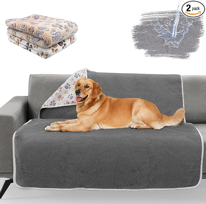 YUEPET Waterproof Dog Blankets, 2 Pack Washable Dog Blankets for Bed Couch Sofa Protector Fleece Flannel Puppy Blanket Soft Plush Reversible Throw Blanket for Large Dogs Cats 50"×40"(White+Coffee)