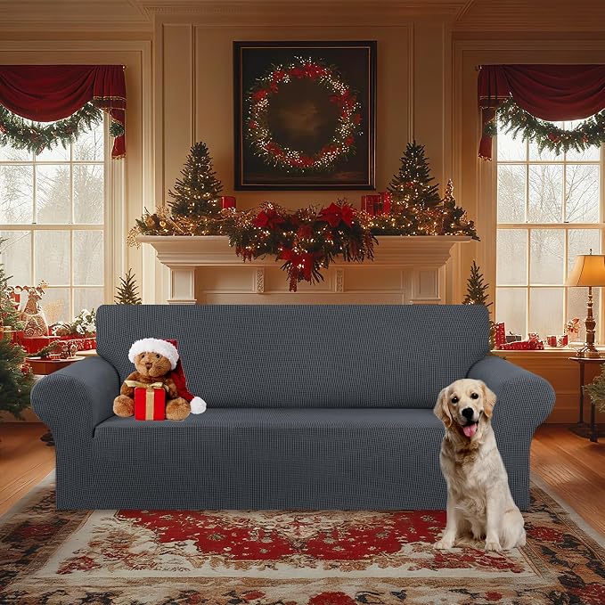 KEKUOU Stretch Oversized Sofa Slipcover 1 Piece Couch Sofa Cover (94"-110") Furniture Protector 4 Seater Sofa with Elastic Bottom for Kids,Pet.Jacquard Checked Pattern Fabric(X Large,Charcoal)