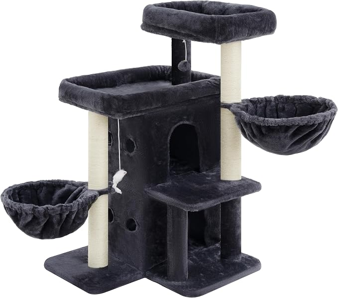 Heybly Cat Tree with Reinforced Big Base, 41.3-Inch Sturdy Cat Tower for Indoor Cats Featuring 2 Roomy Platforms, Double Cat Condo, 2 Cozy Baskets, Full Sisal Scratching Posts, Smoky Gray HCT075G