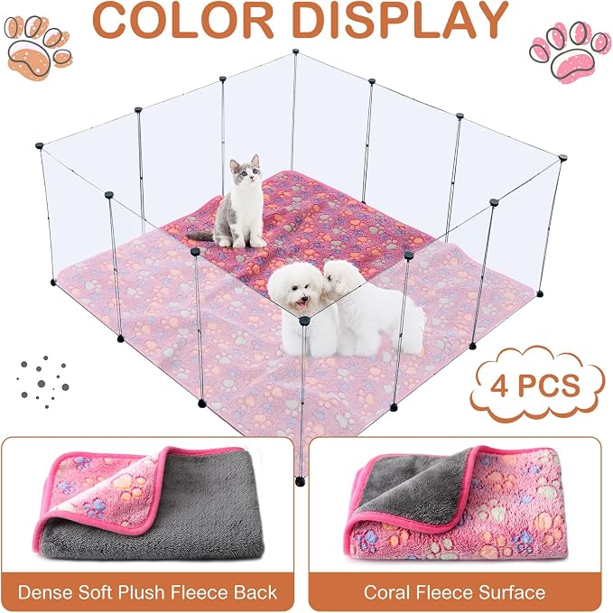 Panelee 4 Pcs Washable Dog Blankets Waterproof Cute Paw Print Fleece Blanket Reusable Puppy Blankets for Small Medium Pet Cat Whelping Warm Soft Mat Guinea Pig Cage Liners(36 x 36 Inch)