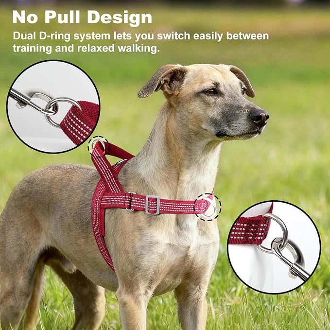 No Pull Dog Harness with Handle, Adjustable Soft Mesh Padded Reflective Walking Harness with Front Clip for Small Medium Large Dogs – Quick Fit No Escape for Training and Hiking (Red, S)