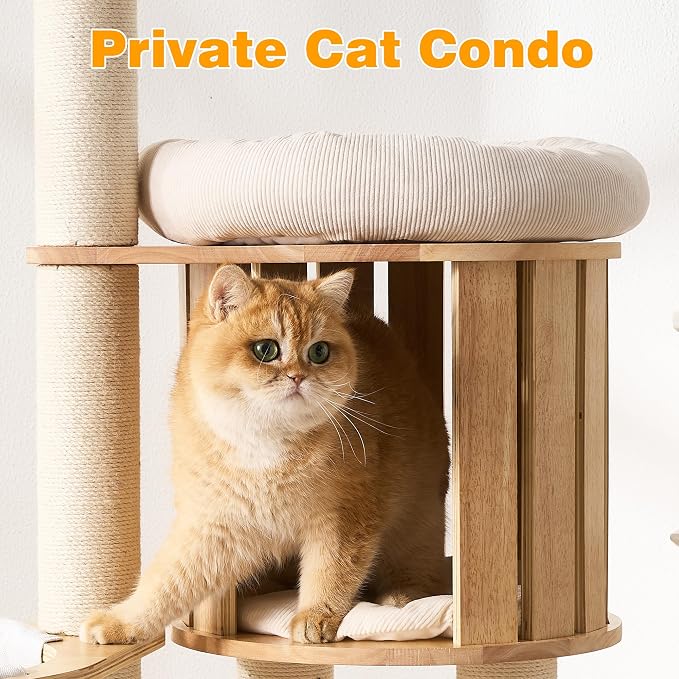 HITTITE Solid Wood Cat Tree Tower with Scratching Post, 61 Inches Tall Cat Towers with Capsule and Condo, Modern Cat Tower with Hammock and Removable Top Bed for Indoor Cats.White