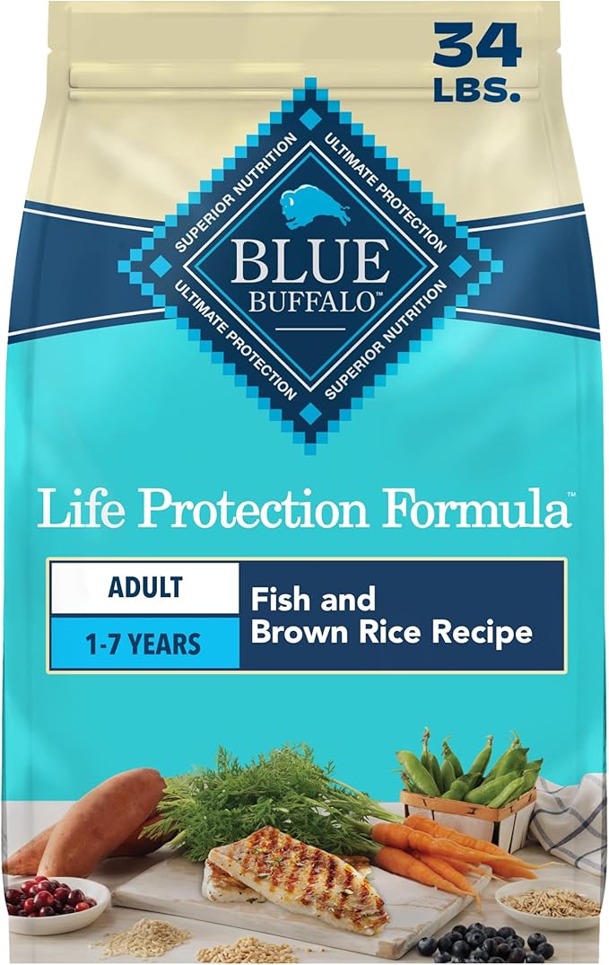 Blue Buffalo Life Protection Formula Adult Dry Dog Food, Helps Build and Maintain Strong Muscles, Made with Natural Ingredients, Fish & Brown Rice Recipe, 34-lb. Bag