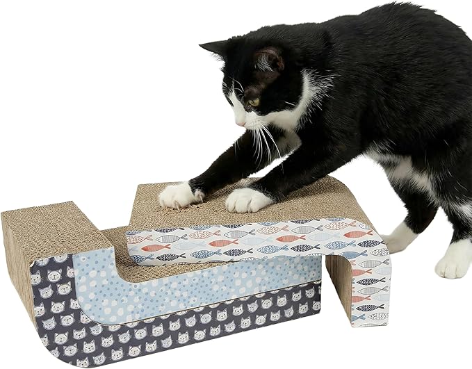 Kitty City 3‑Pack Corrgate Cat Scratcher Pads with Catnip - Horizontal Nail Filing Scratch Mat, Durable Couch Lounger Bed Alternative, Cat Scratch Toy - Cute Fish & Cats Design, Large 18.5” x 9.5”