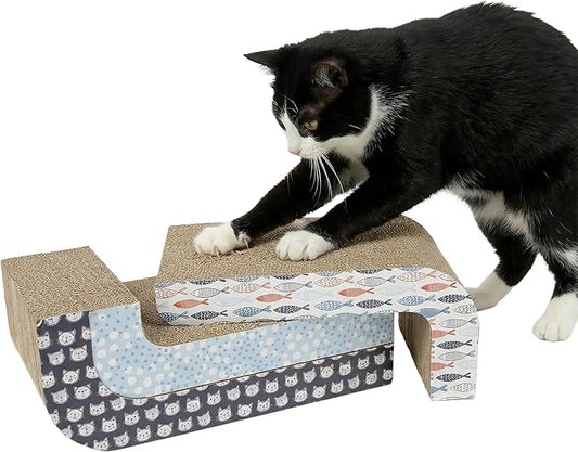 Kitty City 3‑Pack Corrgate Cat Scratcher Pads with Catnip - Horizontal Nail Filing Scratch Mat, Durable Couch Lounger Bed Alternative, Cat Scratch Toy - Cute Fish & Cats Design, Large 18.5” x 9.5”