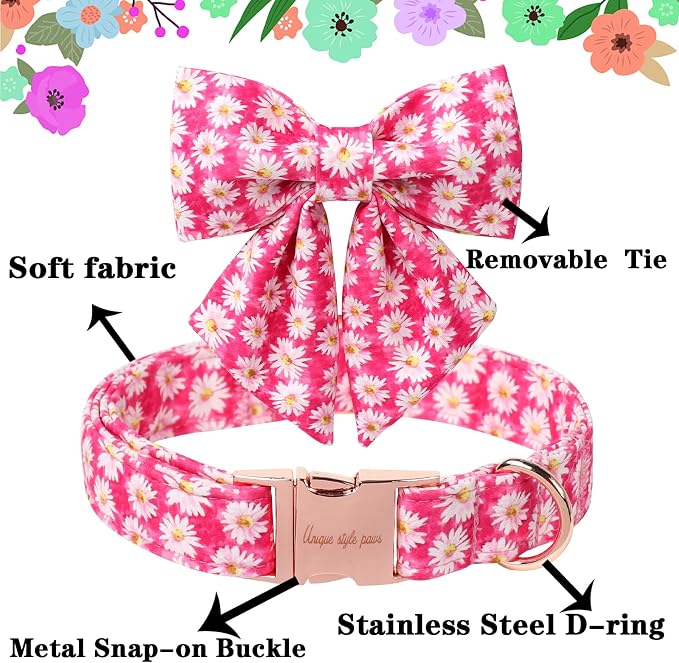 Unique style paws Cartoon Dog Collar with Bowtie Spring Summer Collar with Flower Rose Daisy for Small Medium Large Boys Girls Dogs
