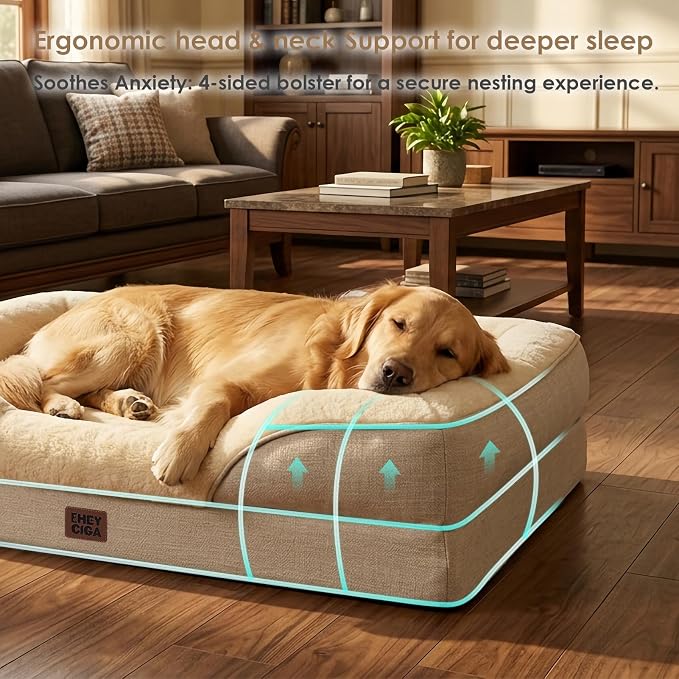 EHEYCIGA Orthopedic XL Dog Bed for Large Sized Dog, 48x35 Inch Extra Large Memory Foam Dog Couch Bed with Sides, Waterproof Liner & Washable Removable Cover, Bolster Pet Sofa, Beige