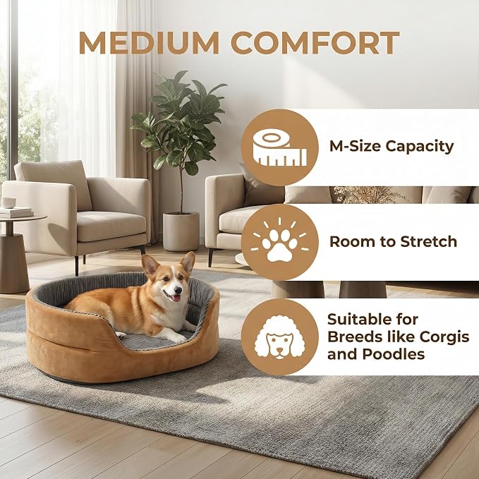 Small Dog Bed Cat Bed 16x20 Inch, Calming Pet Bed for Dogs & Cats, Machine Washable Dog Bed, Half-Enclosed Open-Top Velvet Anti-Anxiety Bed, Cozy Snuggle Bed (Camel)