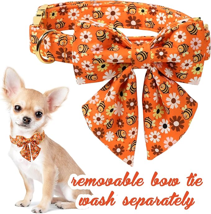 Unique style paws Cartoon Dog Collar with Bowtie Autumn Halloween Puppy Collar with Bee Daisy for Small Medium Large Boys Girls Dogs