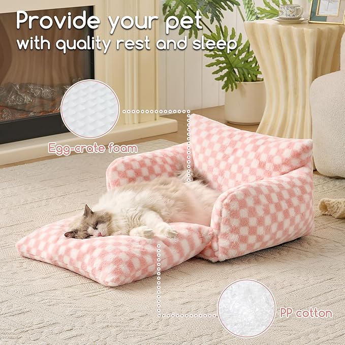 Hollypet Cat Bed Fluffy Plush Multifunctional Double-Layer Machine Washable Soft Warming Kitty Pet Couch Orthopedic Nest Beds for Small Cats Kitten and Dogs up to 13lbs, Pink and White(25x20x13 inch)