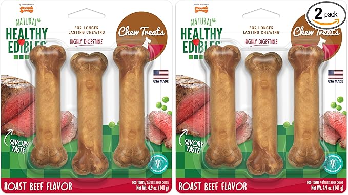 Nylabone Healthy Edibles Natural Dog Chews, Long Lasting Bones for Dogs, Roast Beef Flavor Dog Treats, Small (3 Count) (Pack of 2)